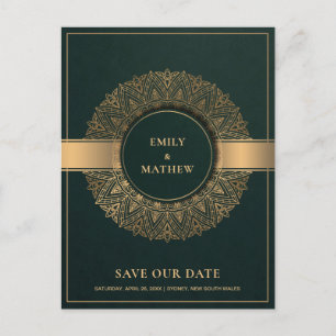 GREEN GOLD CLASSIC VERZIERT MANDALA SAVE THE DATE ANKÜNDIGUNGSPOSTKARTE