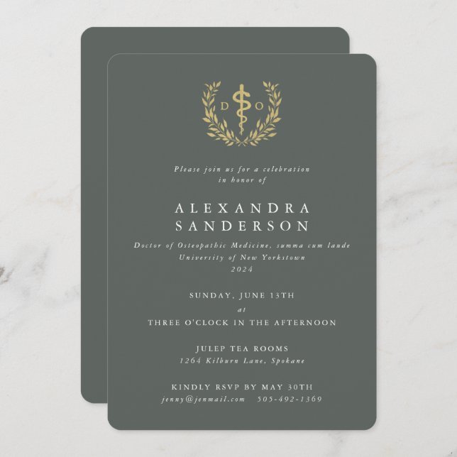 Green/Gold Doktor der Osteopathischen Medizin Grad Einladung (Vorne/Hinten)