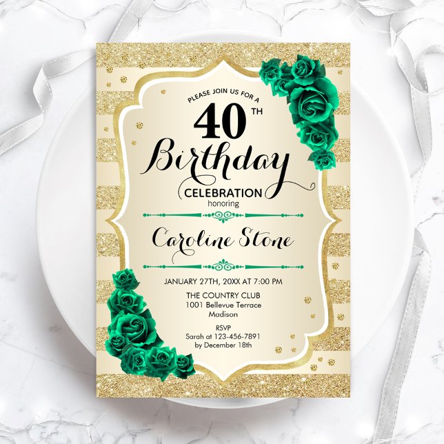 Green Gold Elegant Floral 40. Geburtstag Einladung (Von Creator hochgeladen)