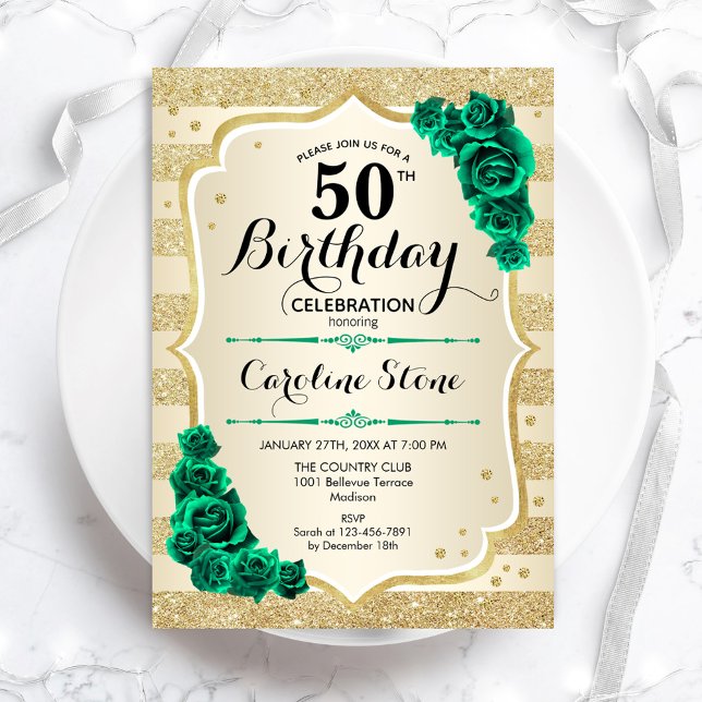 Green Gold Elegant Floral 50. Geburtstag Einladung (Von Creator hochgeladen)