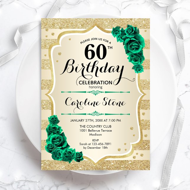 Green Gold Elegant Floral 60. Geburtstag Einladung (Von Creator hochgeladen)