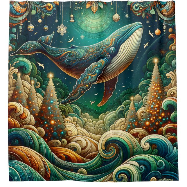 "Green & Gold Elegant Whale Christmas Wonderland" Duschvorhang (Vorderseite)