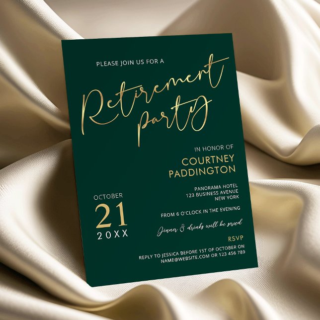 Green & Gold Elegantes Corporate Retirement Party Einladung (Modern emerald green and faux gold retirement party invitation)