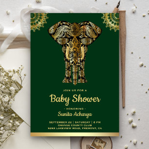Green Gold Elephant Indian Baby Dusche Einladung