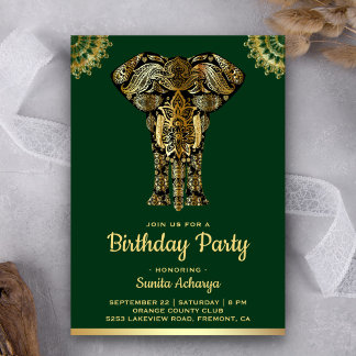 Green Gold Elephant Indian Birthday Party Einladung