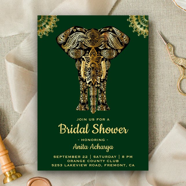 Green Gold Elephant Indian Brautparty Einladung (Von Creator hochgeladen)