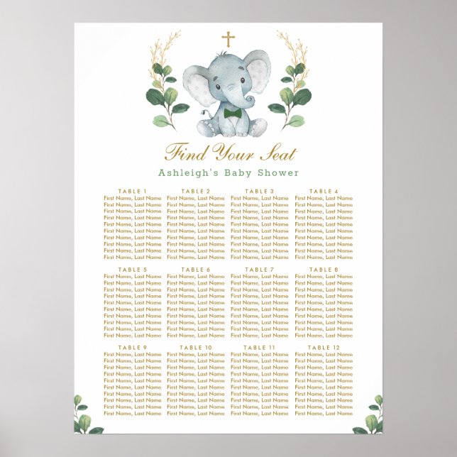 Green Gold Elephant Taufe Seating Chart Poster (Vorne)