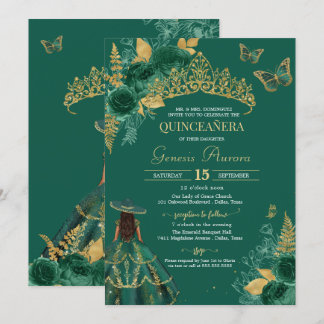 Green Gold Emerald Charro Butterfly Quinceañera Einladung