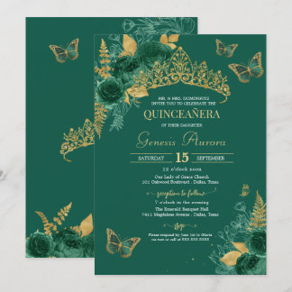 Green & Gold Emerald Floral Butterfly Quinceñera Einladung