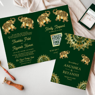 Green Gold Ethnic Elephants Indian QR Code Hochzei Einladung