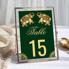 Green Gold Ethnic Elephants Indian Wedding Tischnummer