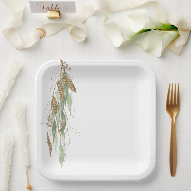 Green Gold Eucalyptus Glitzy Glitzer Wedding Pappteller (Hochzeit)