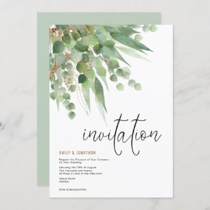 Green Gold Eucalyptus Leaf Elegante Script Wedding Einladung