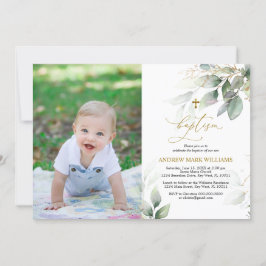 Green & Gold Eukalyptus Foto Taufe Einladung