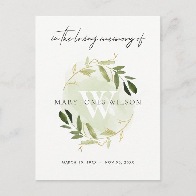 GREEN GOLD FAUNA WREATH BEILEID MEMORIVICE EINLADUNGSPOSTKARTE (Vorderseite)