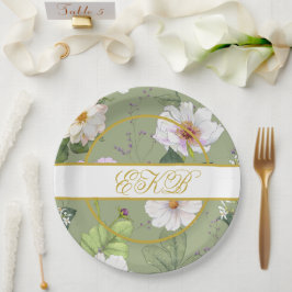 Green Gold Floral Elegant Modern Monogram Pappteller