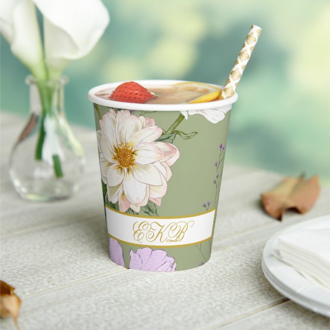Green Gold Floral Elegant Modernes Monogramm Pappbecher (In Situ)