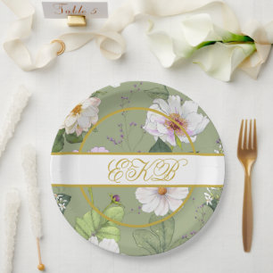 Green Gold Floral Elegant Modernes Monogramm Pappteller