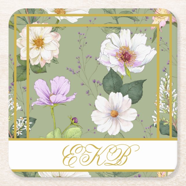 Green Gold Floral Elegant Modernes Monogramm Rechteckiger Pappuntersetzer (Vorderseite)
