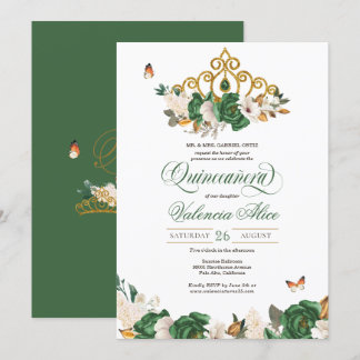 Green & Gold Floral Tiara Butterfly Quinceañera Einladung