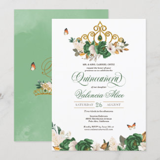 Green & Gold Floral Tiara Butterfly Quinceañera Einladung