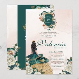 Green Gold Floral Wappen Elegante Charra Quinceane Einladung