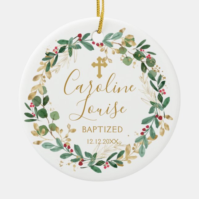 Green Gold Foliage Baby Baptisc Foto Keramik Ornament (Vorne)