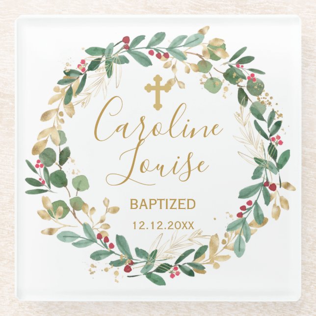 Green Gold Foliage Baby Baptisse Glasuntersetzer (Vorderseite)