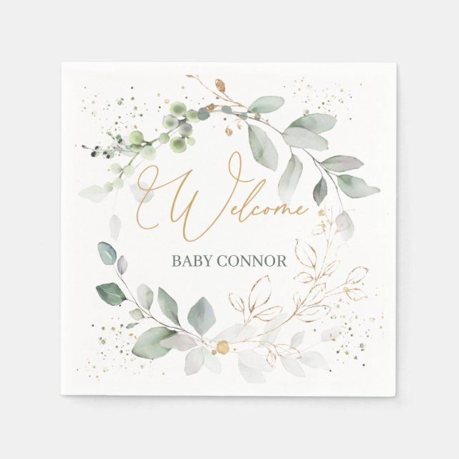 Green Gold Foliage Baby Dusche Napkins Serviette (Vorderseite)