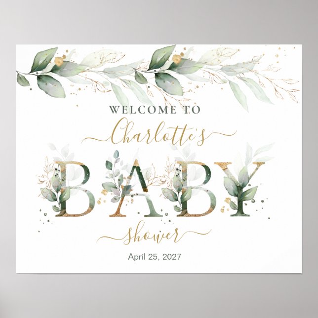 Green Gold Foliage Baby Dusche Willkommenspender Poster (Vorne)