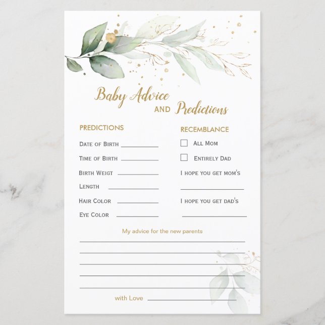 Green & Gold Foliage Baby Predication & Addon Card (Vorderseite)