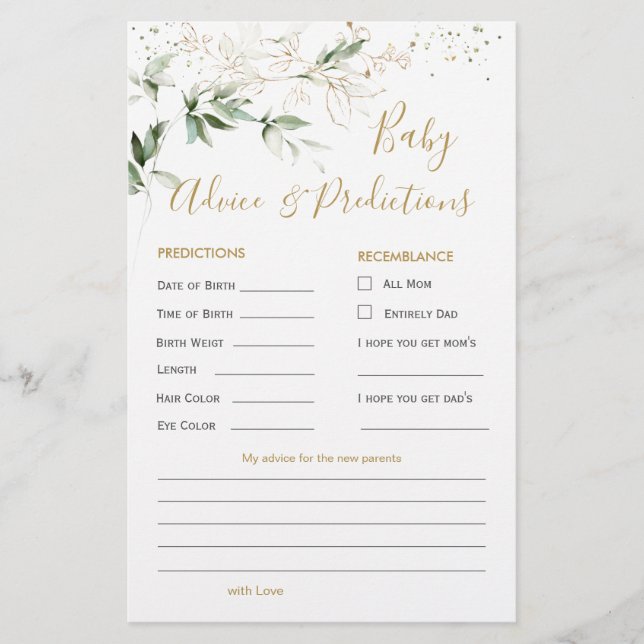 Green & Gold Foliage Baby Predication & Addon Card (Vorderseite)