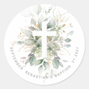 Green Gold Foliage Cross Baptisse Runder Aufkleber