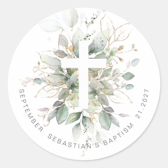 Green Gold Foliage Cross Baptisse Runder Aufkleber (Vorderseite)