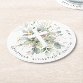 Green Gold Foliage Cross Baptisse Runder Pappuntersetzer