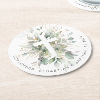Green Gold Foliage Cross Baptisse Runder Pappuntersetzer