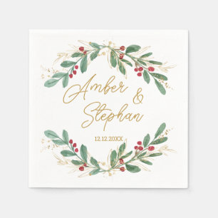 Green Gold Foliage Red Berry Napkins Serviette