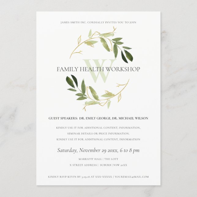 Green Gold Foliage Wreath Workshop Event Einladung (Vorderseite)