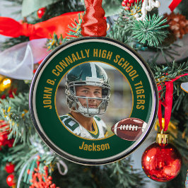 Green Gold Football Player Photo Christmas Ornament Aus Metall