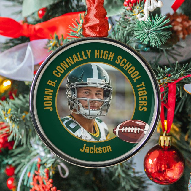 Green Gold Football Player Photo Christmas Ornament Aus Metall (Von Creator hochgeladen)