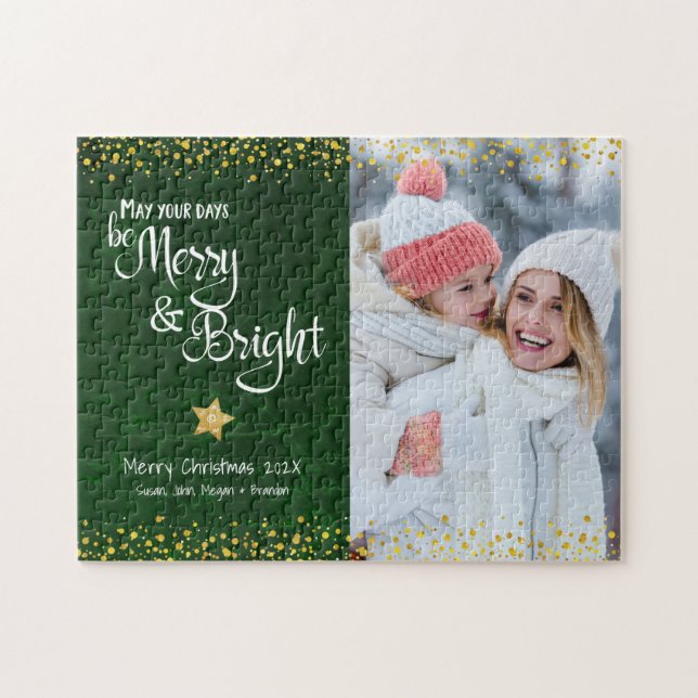 Green Gold Foto Days Merry Bright Script Holiday Puzzle (Horizontal)