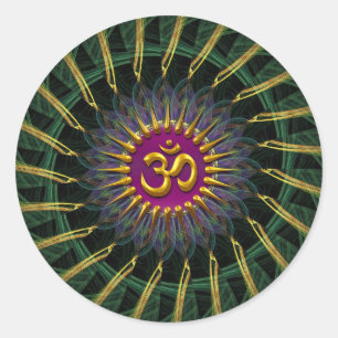 Green+Gold Fraktal Swirl Golden (Om) Symbol Stick Runder Aufkleber