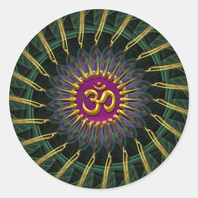 Green+Gold Fraktal Swirl Golden (Om) Symbol Stick Runder Aufkleber (Vorderseite)