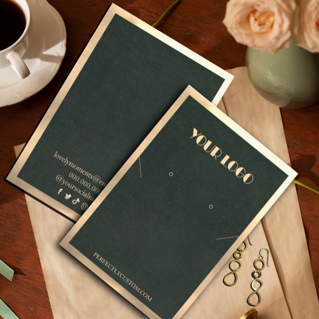 Green Gold Frame Moderne Halsketten Ohrringe Visitenkarte (Green Gold Frame Modern necklace earrings Business Card#diyjewerlydisplay #zazzlemade#modernjewelry)