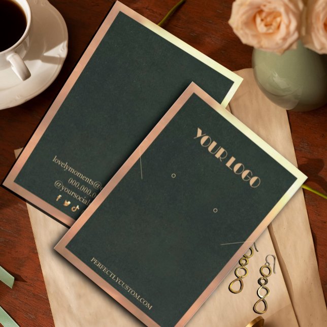 Green Gold Frame Moderne Halsketten Ohrringe Visitenkarte (Green Gold Frame Modern necklace earrings Business Card #diyjewerlydisplay #zazzlemade#modernjewelry)