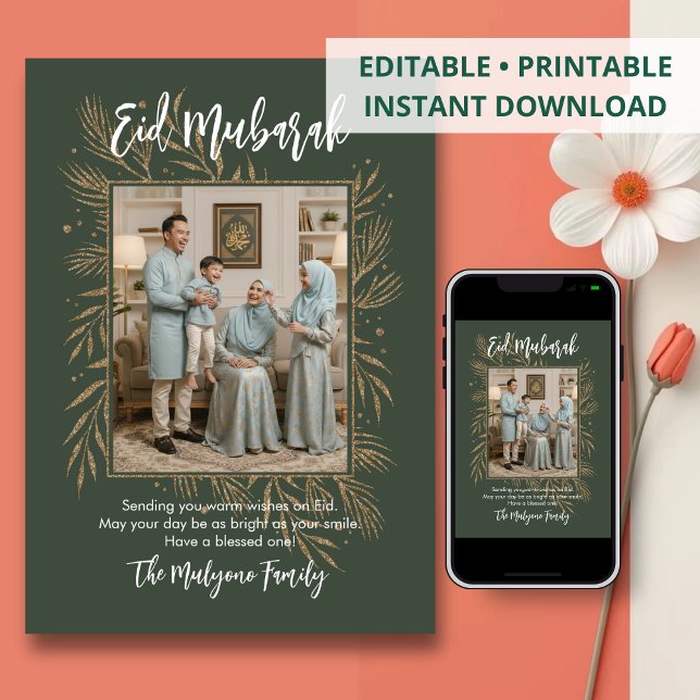 Green Gold Glitter Botanical Photo Eid Mubarak Feiertagskarte (Von Creator hochgeladen)