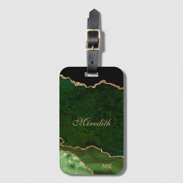 Green Gold Glitzer Agate Personalisiert Gepäckanhänger (Vorderseite Vertikal)