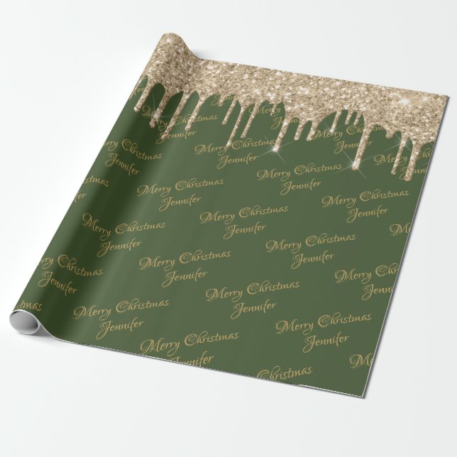 Green Gold Glitzer Drilling Christmas Name Script Geschenkpapier (Ungerollt)