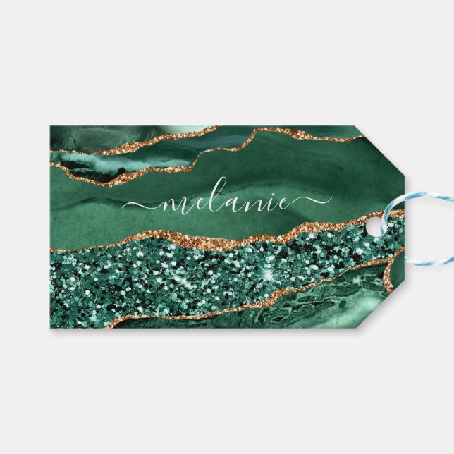 Green Gold Glitzer Emerald Individuelle Name Gesch Geschenkanhänger (Vorderseite (Horizontal))