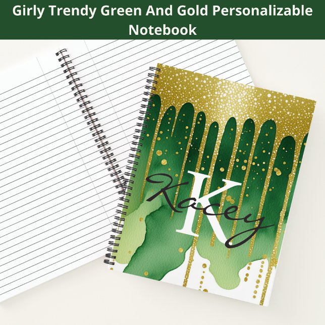 Green Gold Glitzer Girl Monogram Name Notizbuch (Von Creator hochgeladen)